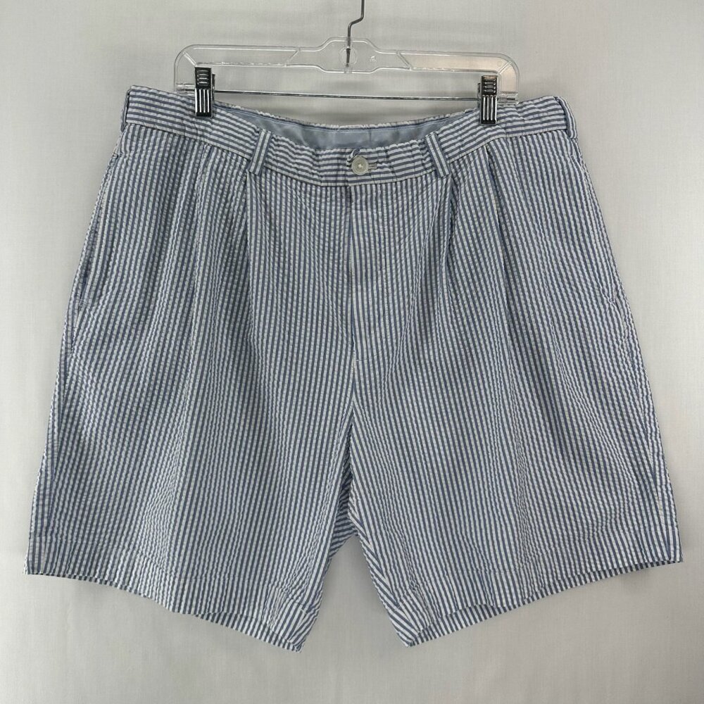 Brooks Brothers 346 Chino Shorts Mens W40 Seersucker Pleated Striped White Blue